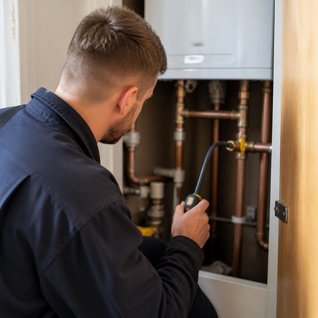 Engineer inspecting gas pipework inside a boiler cupboard