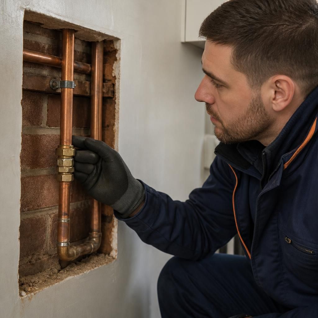 Engineer inspecting an exposed gas pipe joint after a leak has been located