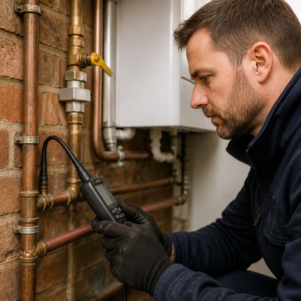 Engineer examining exposed gas pipework and joints with inspection equipment