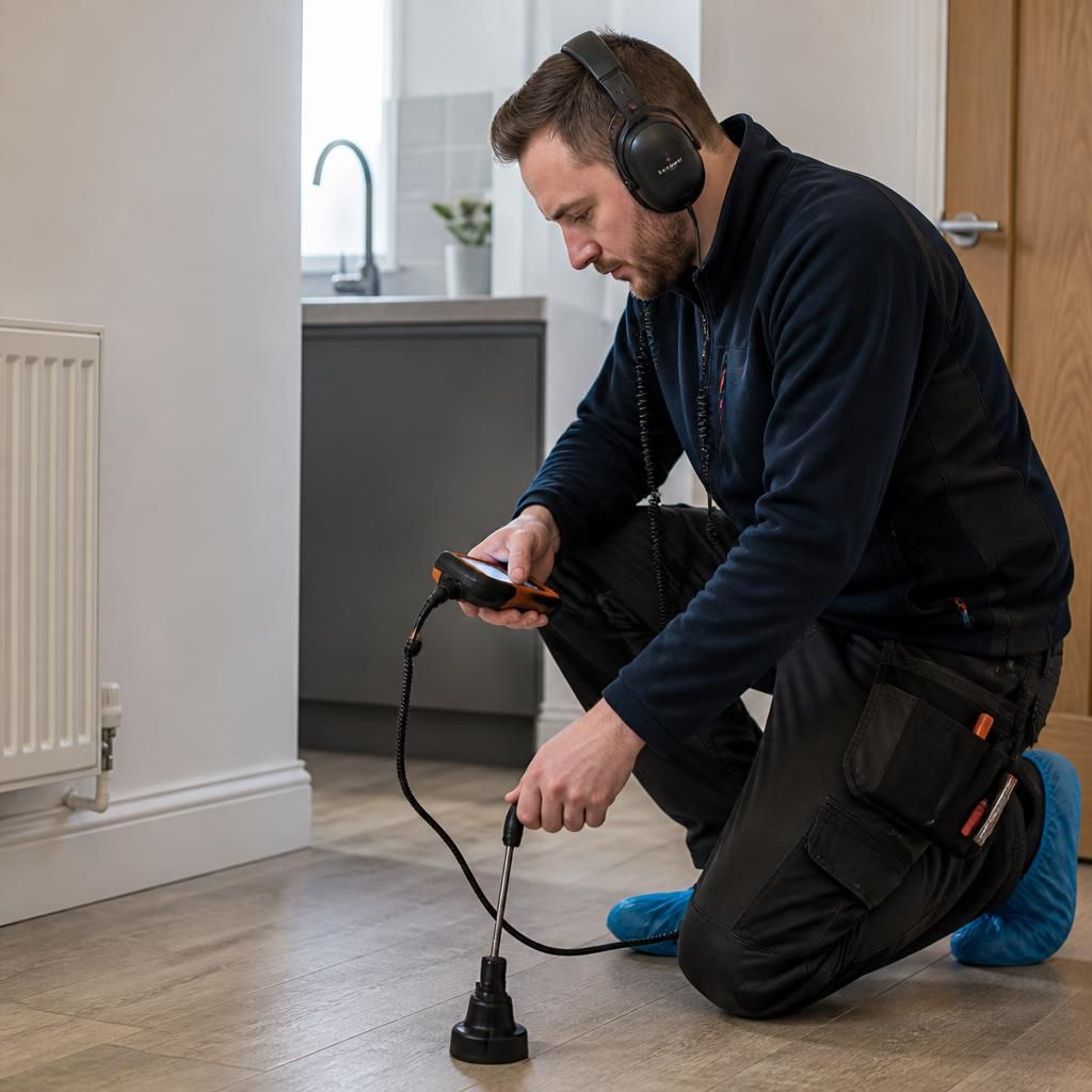 Technician using acoustic equipment to trace a concealed pipe leak