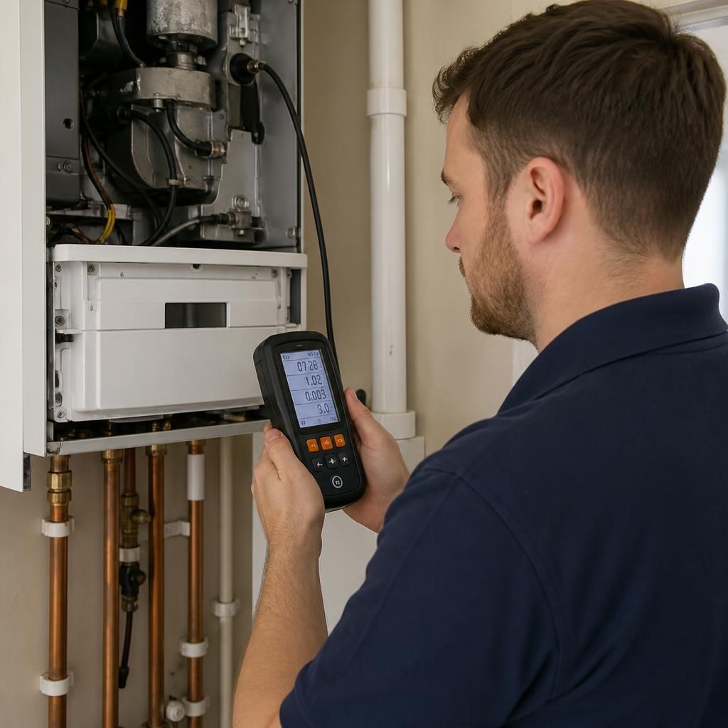 Gas engineer testing a newly installed boiler with a flue gas analyser