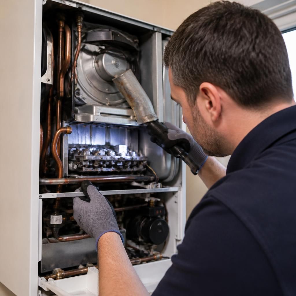 Gas engineer inspecting a boiler’s burner and flue components during a routine service