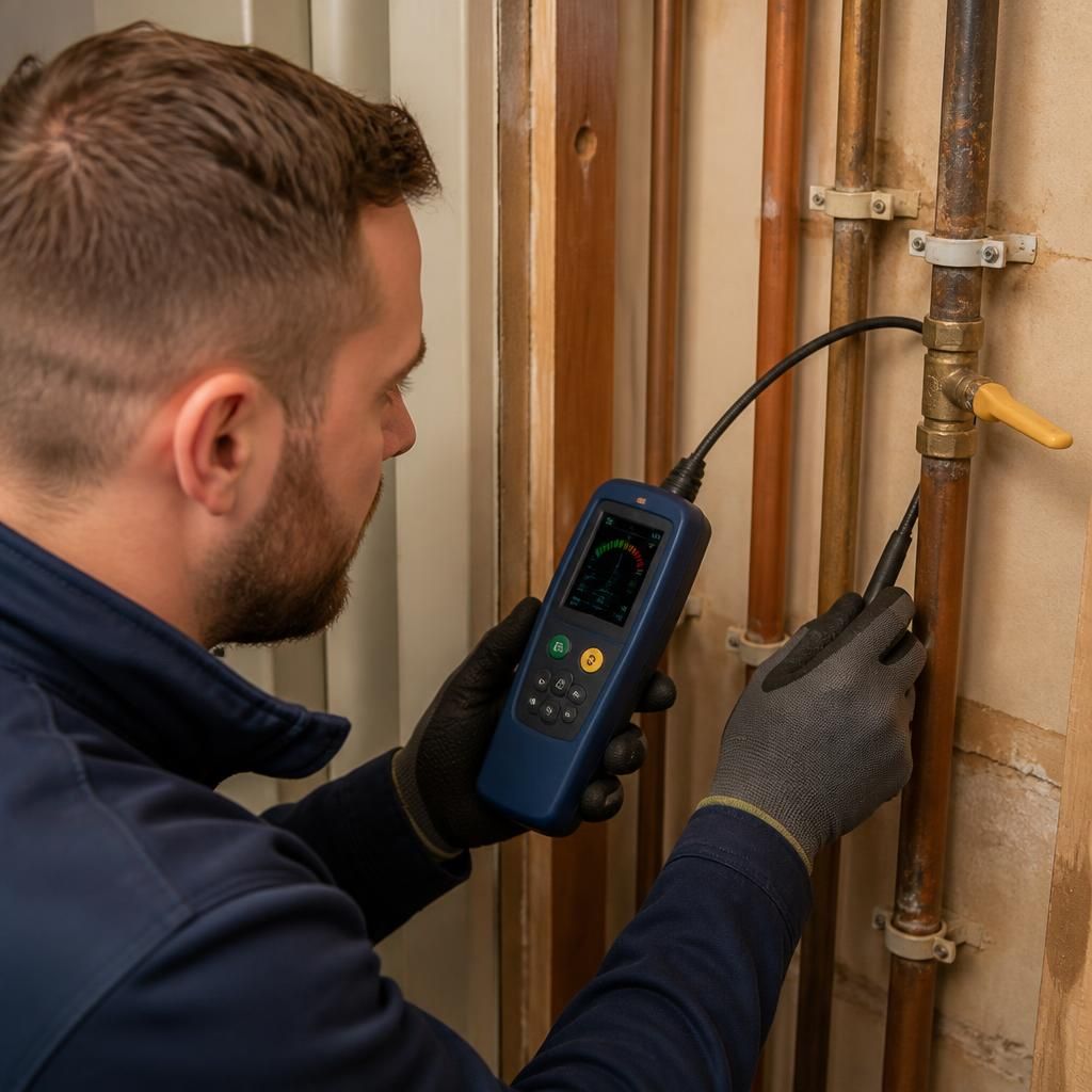 Qualified gas engineer inspecting exposed domestic gas pipework with a leak detection instrument