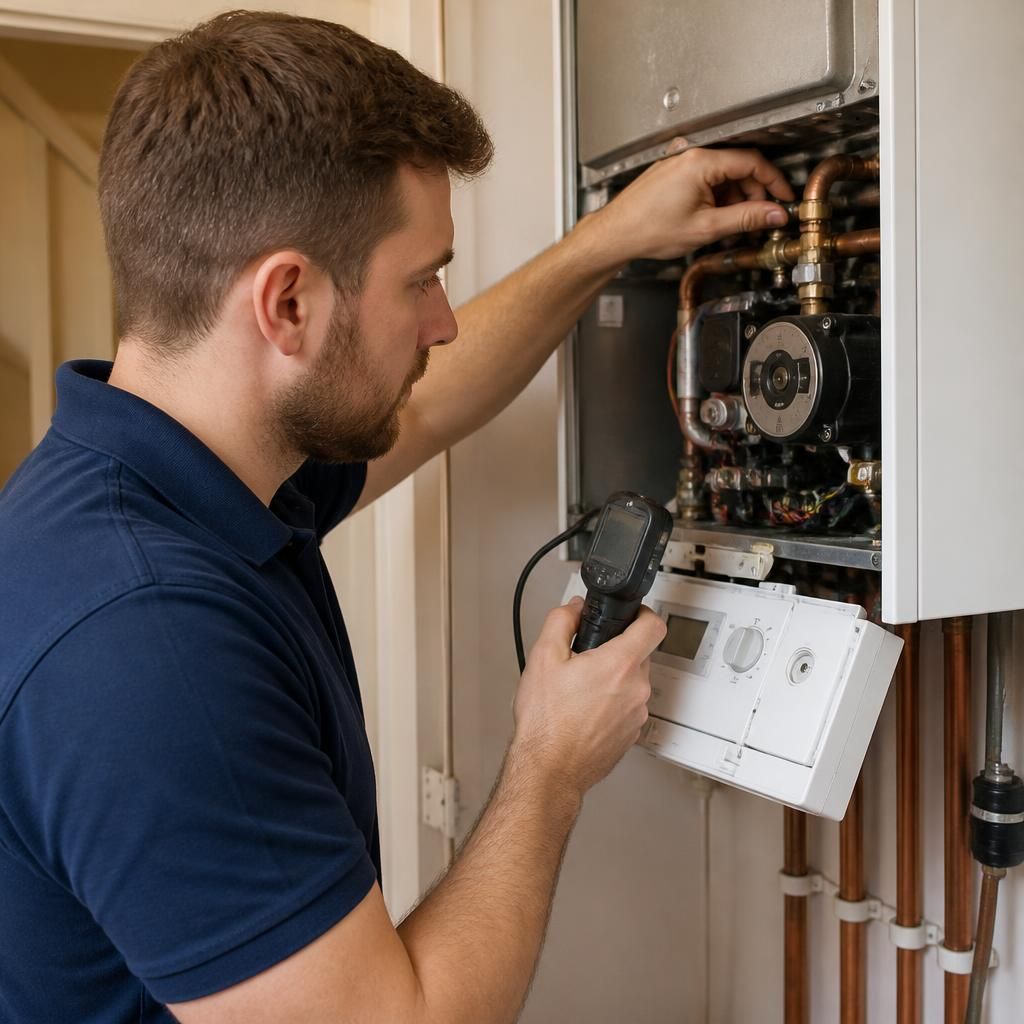 Gas engineer inspecting a domestic boiler and connected pipework