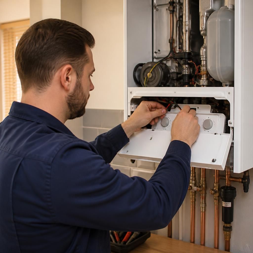 Engineer checking a domestic central heating boiler