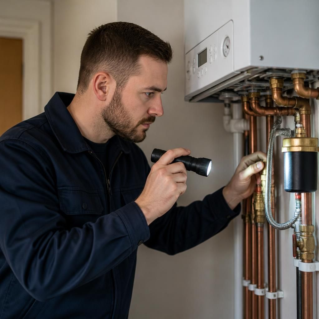Gas engineer examining pipework during a safety inspection