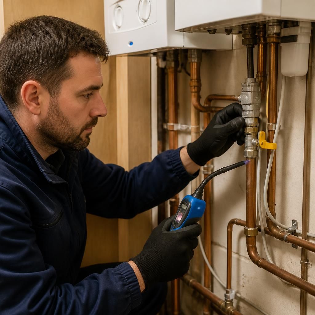 Engineer investigating gas pipework and a possible leak