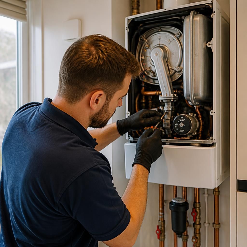 Engineer carrying out planned maintenance on a domestic heating system