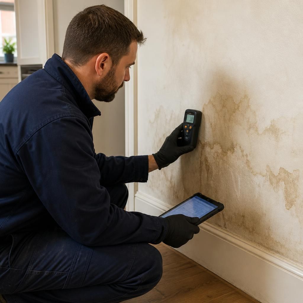 Plumber using a moisture meter beside a stained wall during a leak investigation