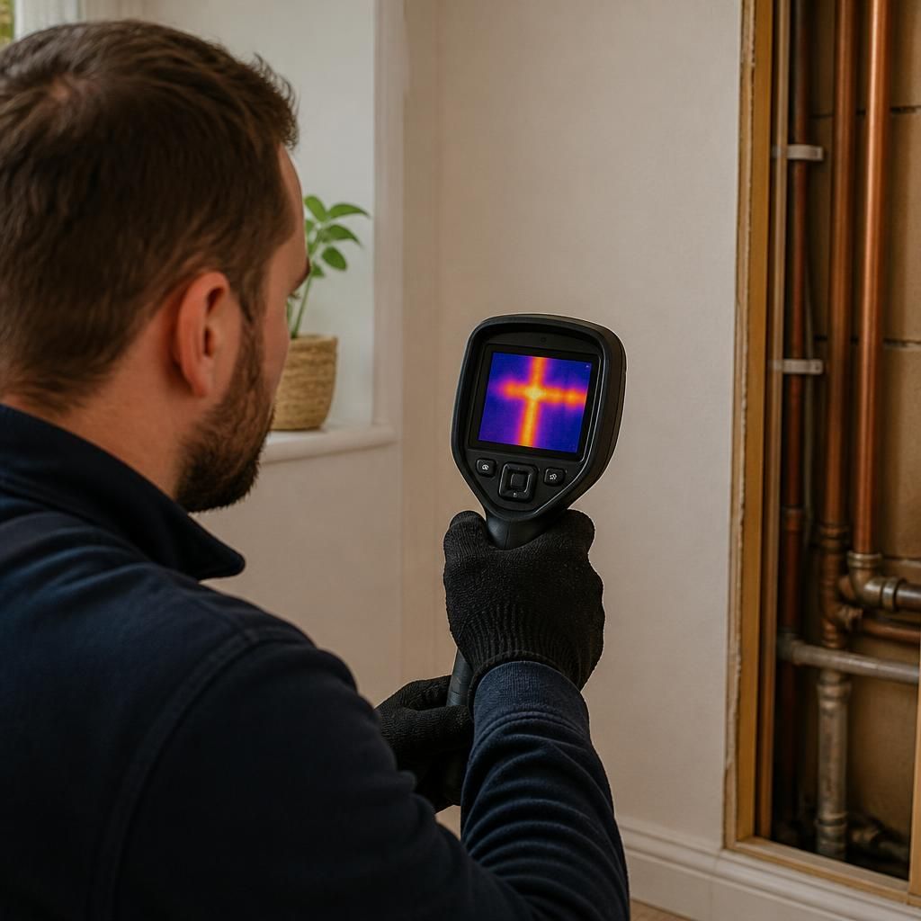 Plumber using a thermal imaging camera to inspect a wall for hidden pipework
