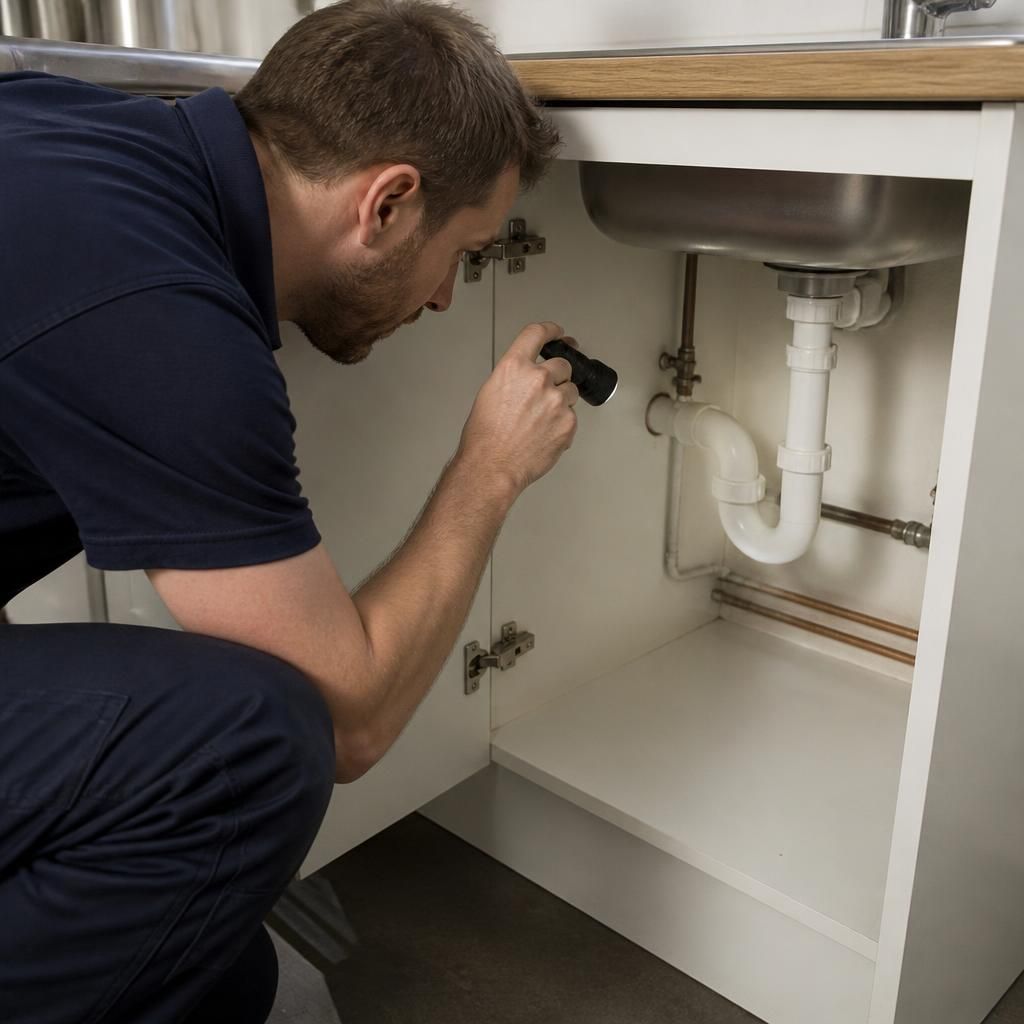 Plumber inspecting a leaking pipe beneath a kitchen sink in a rented flat