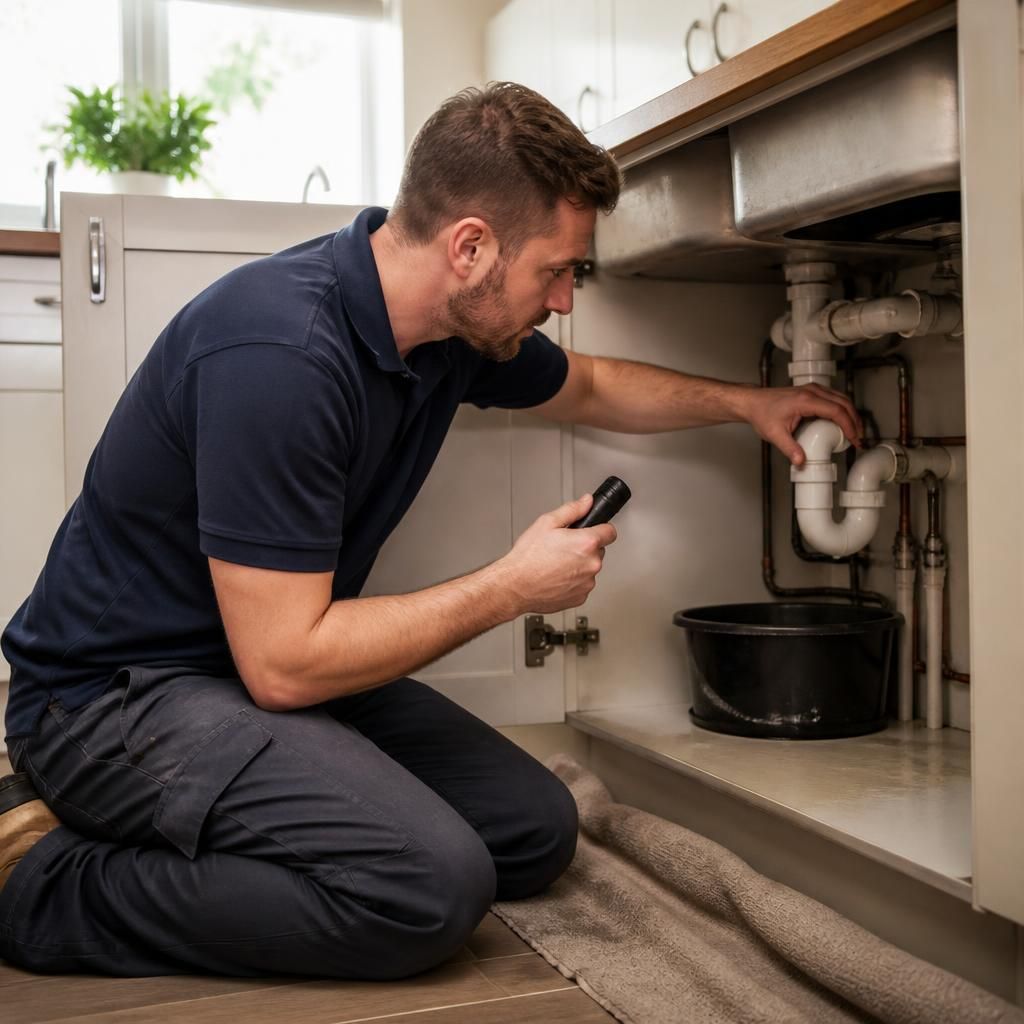 Plumber inspecting exposed pipework beneath a kitchen sink during an emergency repair