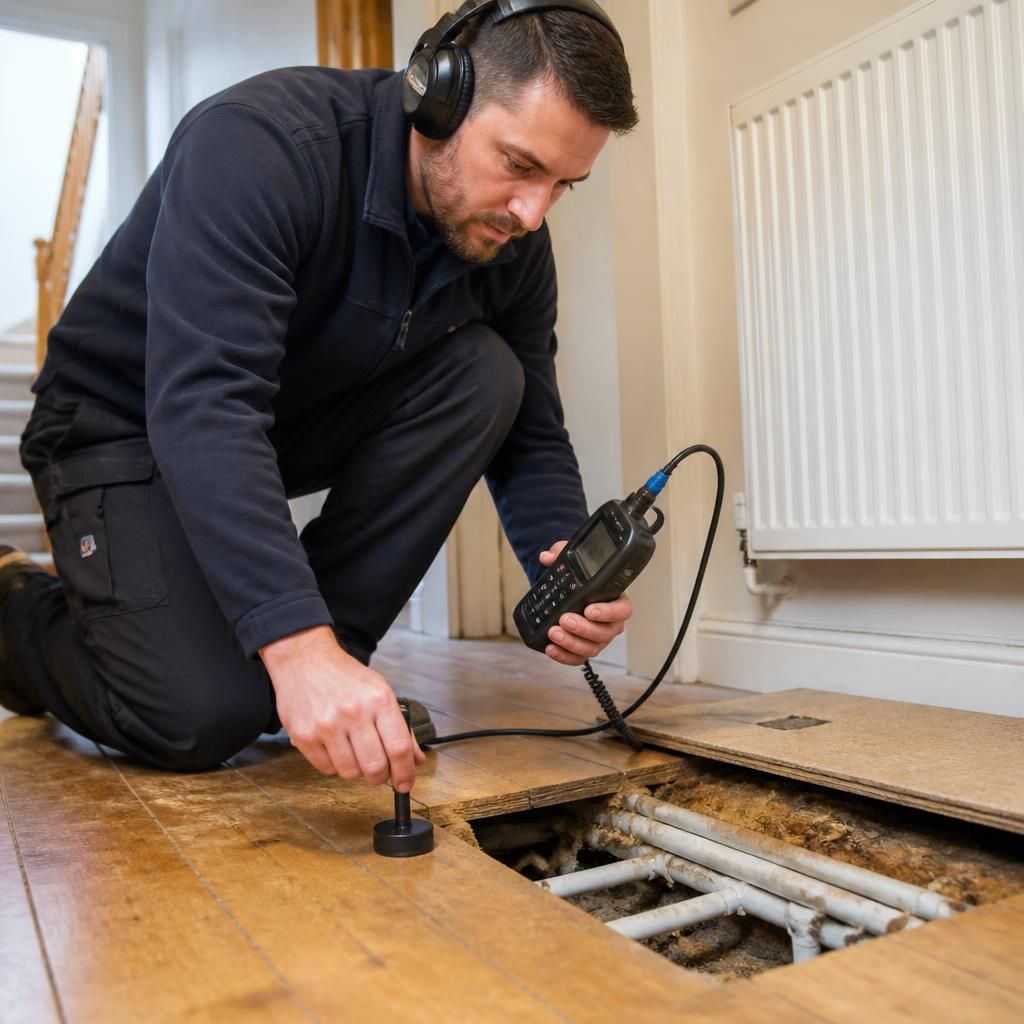 Plumber using electronic equipment to trace a concealed water leak beneath flooring