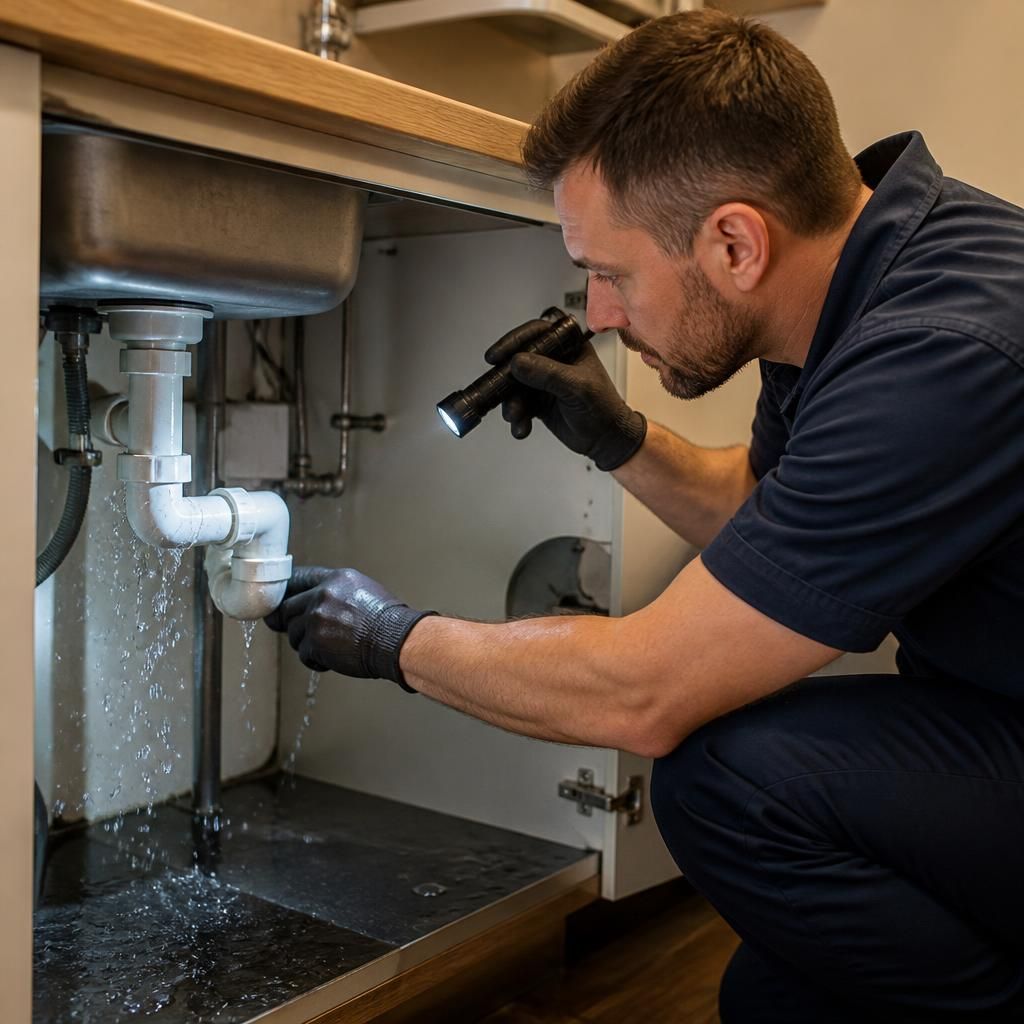 Plumber examining a burst pipe beneath a kitchen sink