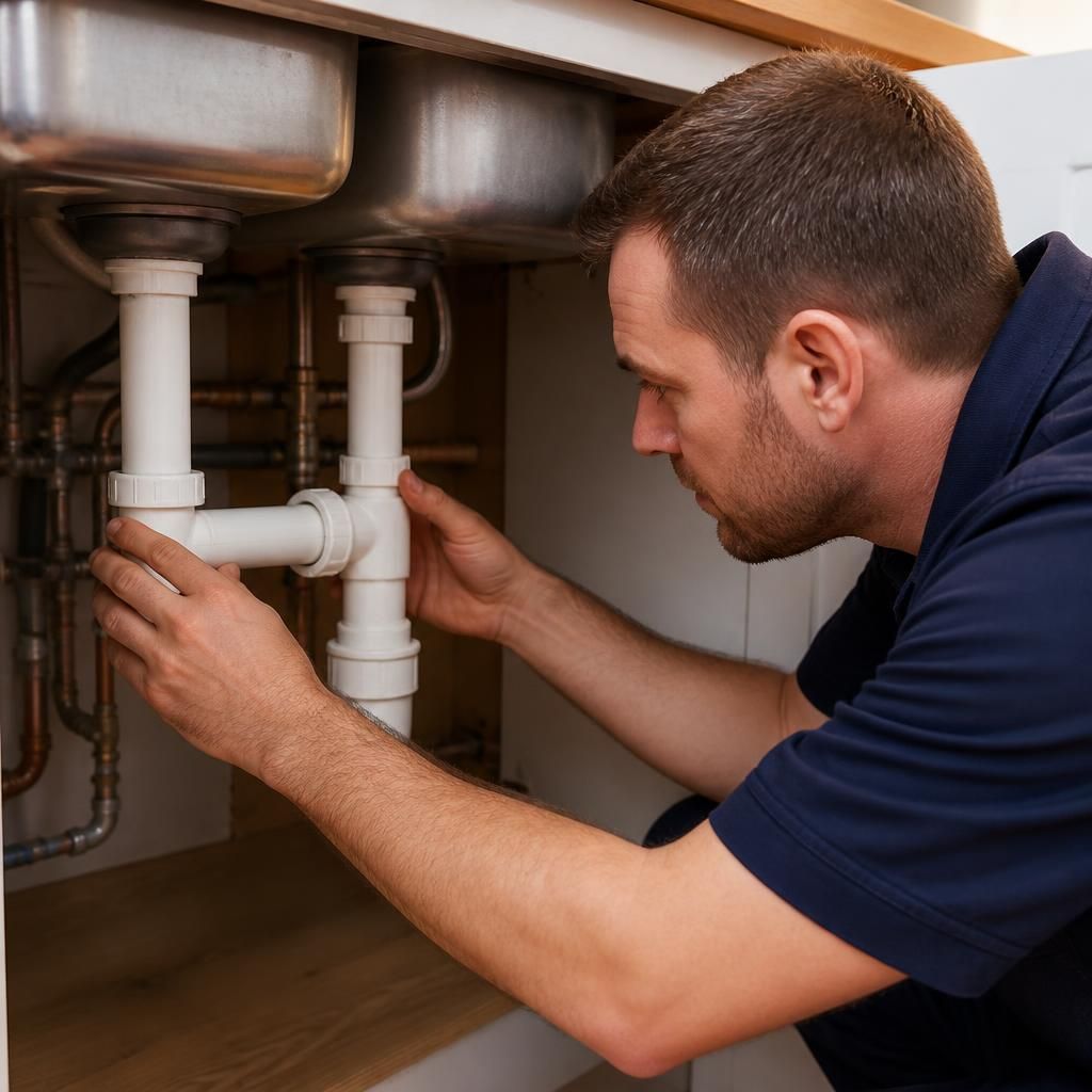 Plumber checking a repaired pipe joint beneath a kitchen sink