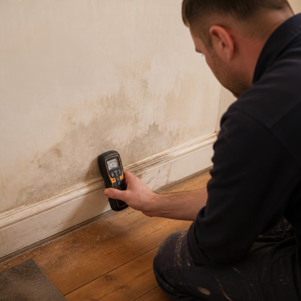 Plumber using a moisture meter beside a damp skirting board
