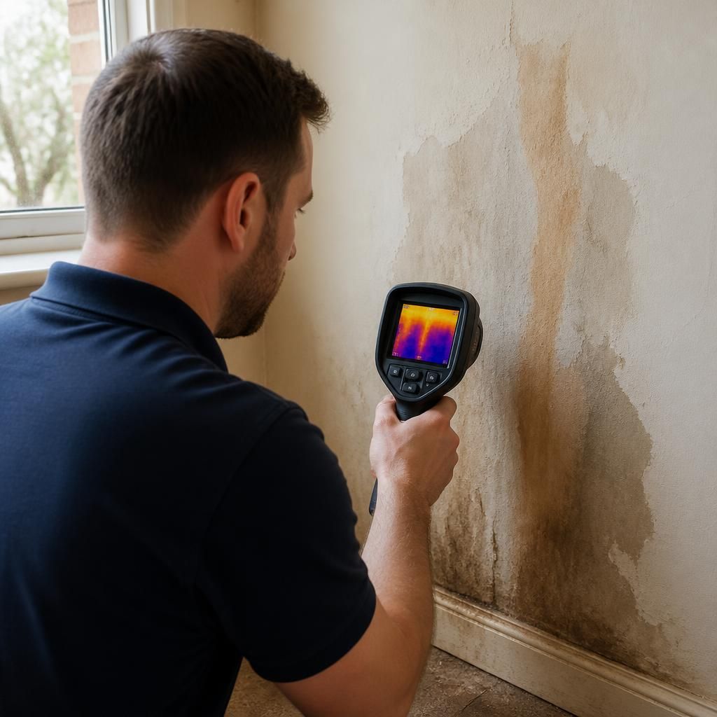 Plumber using a thermal imaging camera to inspect a wall for a hidden water leak