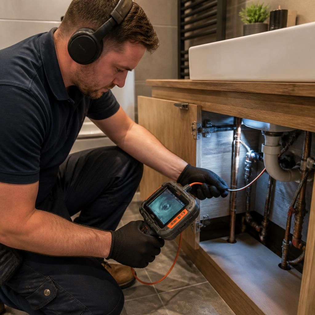 Plumber using leak detection equipment to inspect pipework and trace a concealed water leak