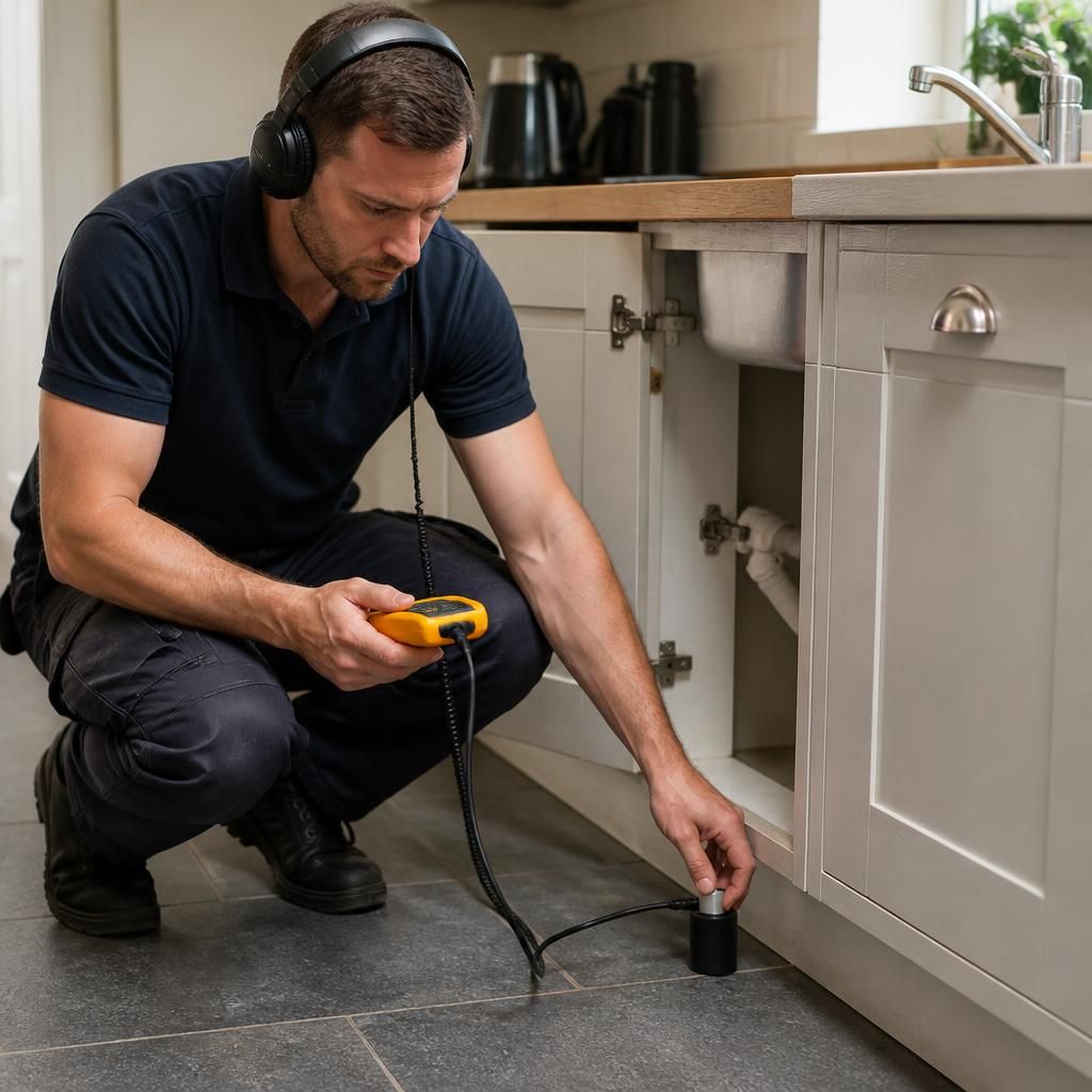 Plumber using moisture detection equipment beside a kitchen cabinet