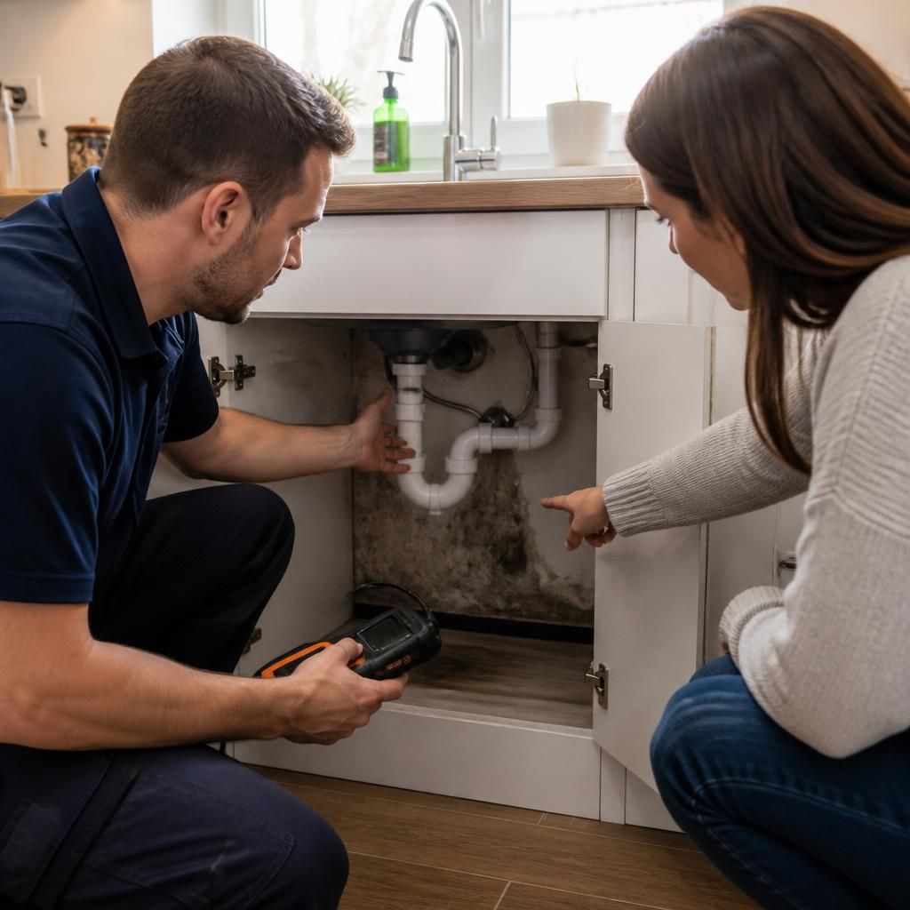 Tenant showing a plumber a damp patch beneath a kitchen sink