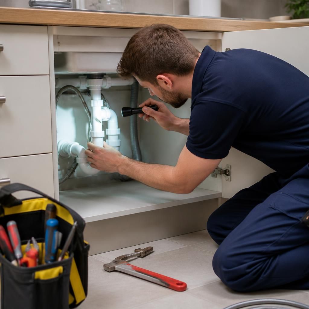 Plumber inspecting pipework beneath a kitchen sink with tools nearby