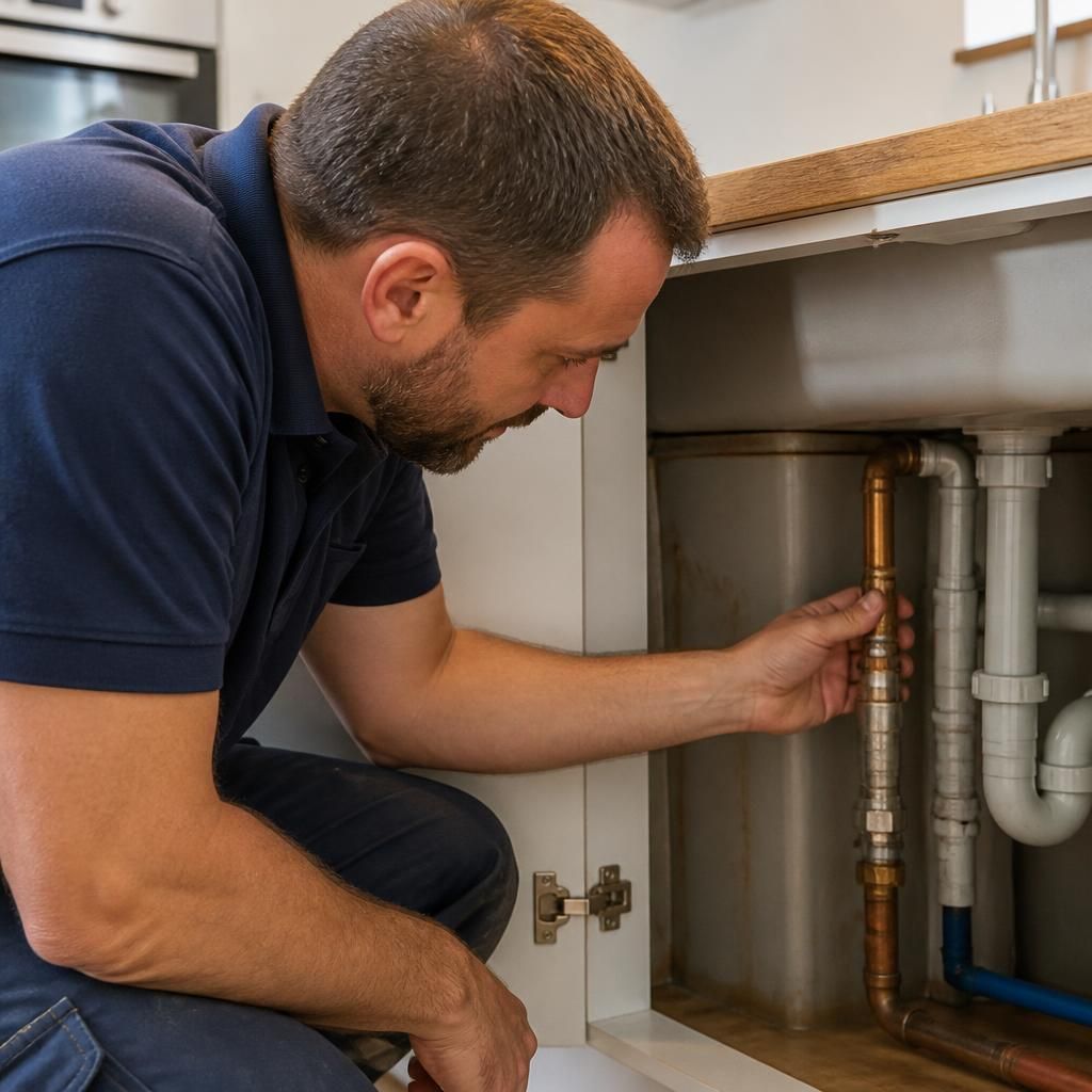 Plumber examining an exposed pipe beneath a kitchen unit