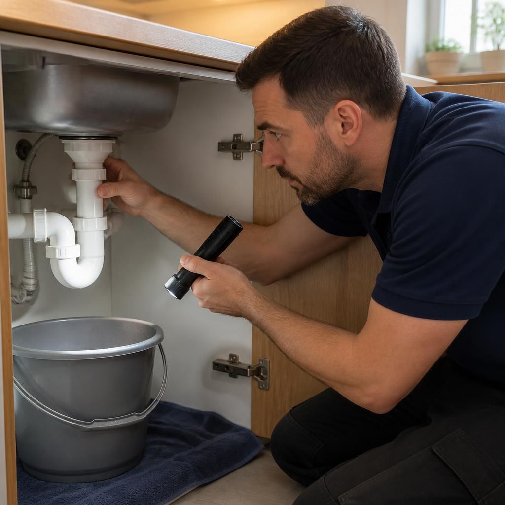 Homeowner inspecting a leaking pipe beneath a kitchen sink with a torch
