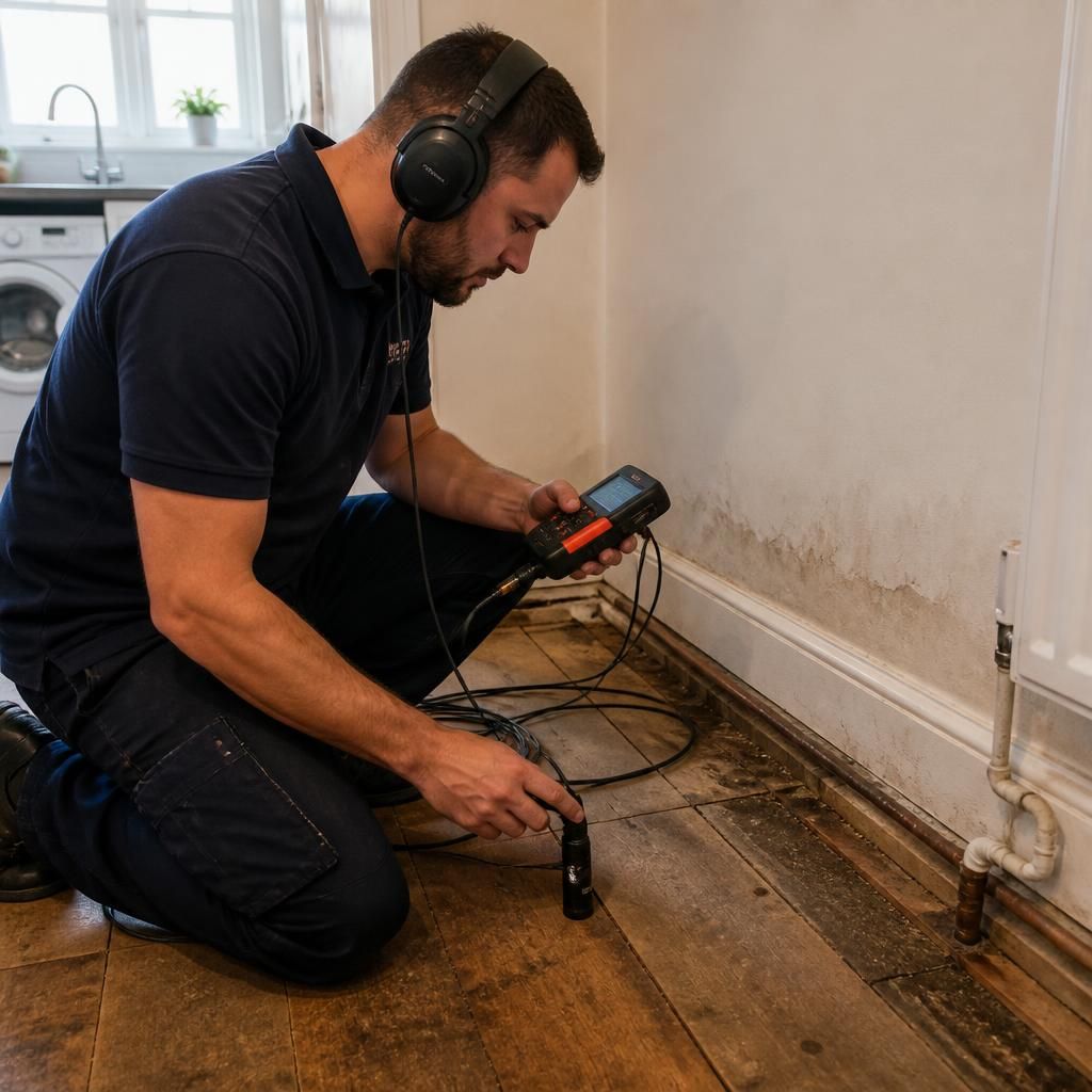 Plumber using moisture detection equipment to trace a concealed leak beneath flooring