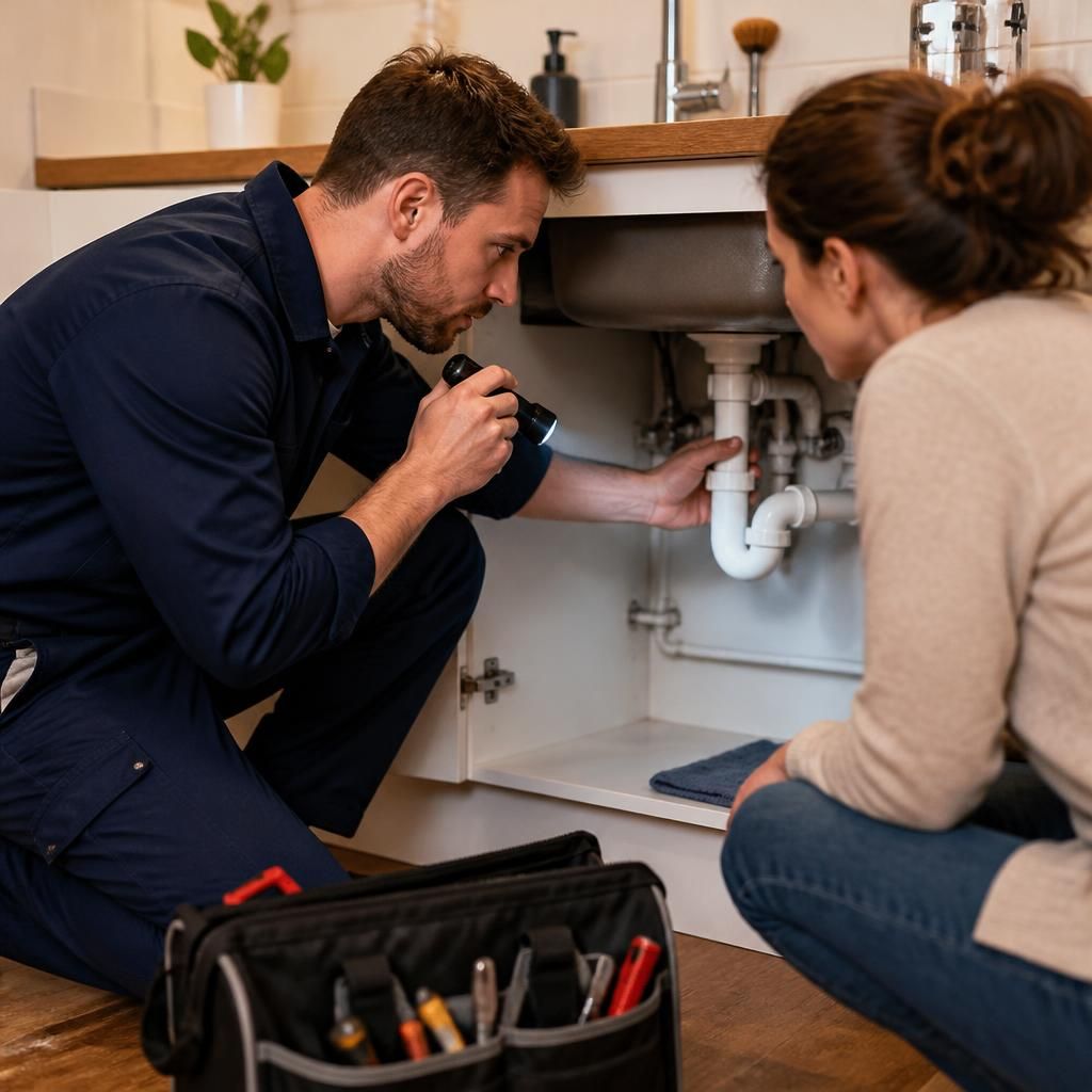 Plumber checking a leaking pipe beneath a kitchen sink in a rented home