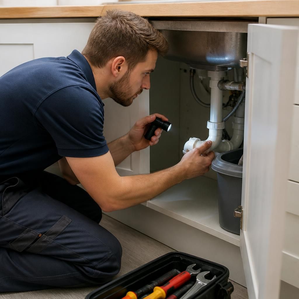 Plumber inspecting pipework beneath a kitchen sink with tools nearby