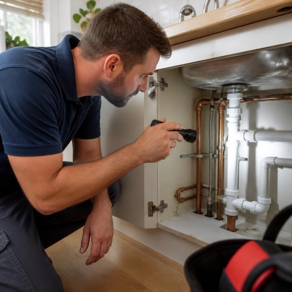 Plumber inspecting exposed pipework beneath a kitchen sink