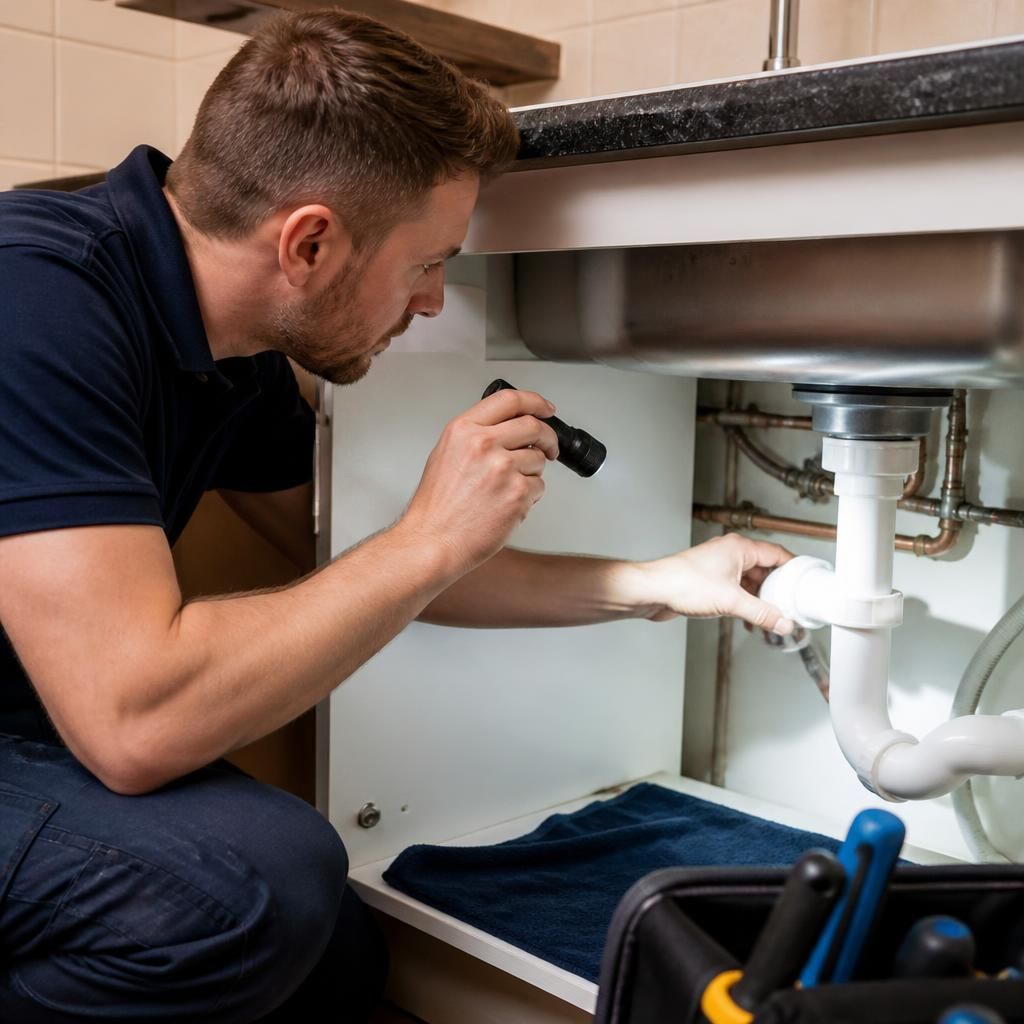 Plumber inspecting exposed pipework beneath a kitchen sink with a torch