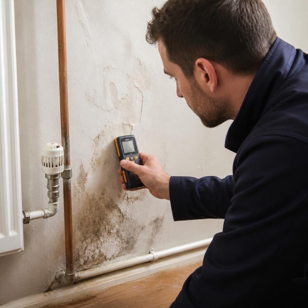 Plumber using a moisture meter to inspect a damp wall near pipework