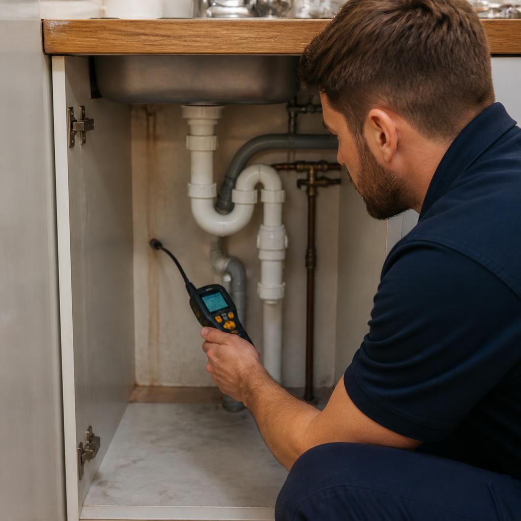 Plumber checking pipework beneath a kitchen sink with a moisture meter