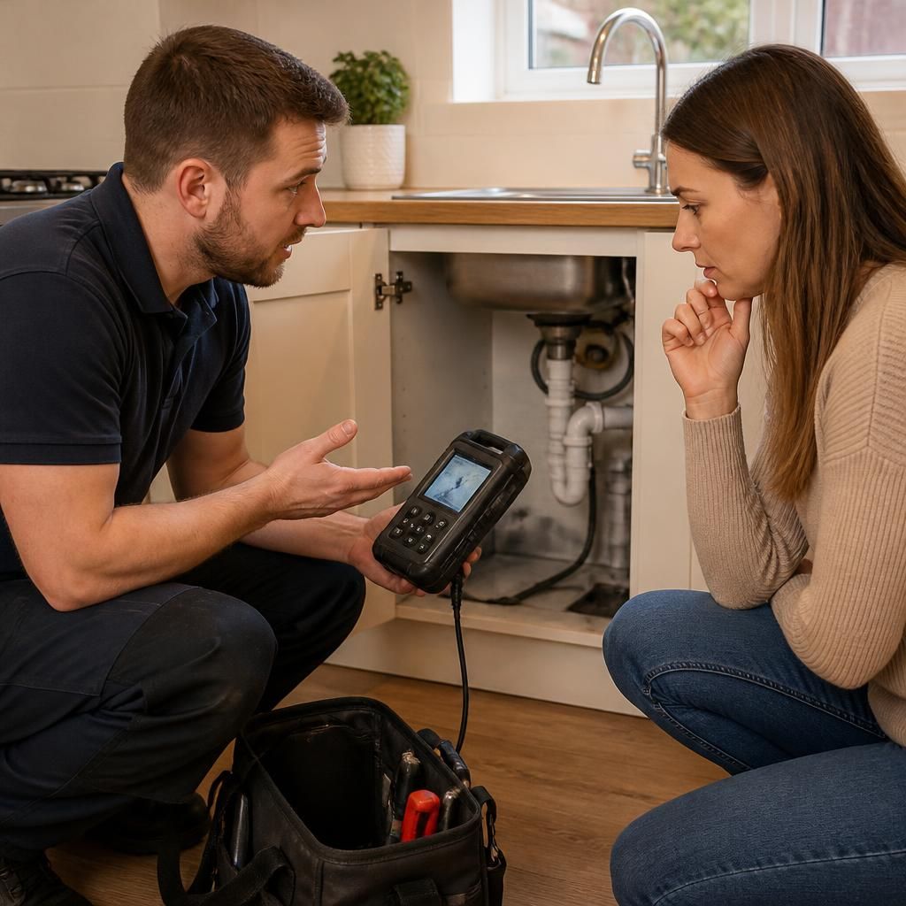 Plumber discussing an emergency water leak with a homeowner in Birmingham