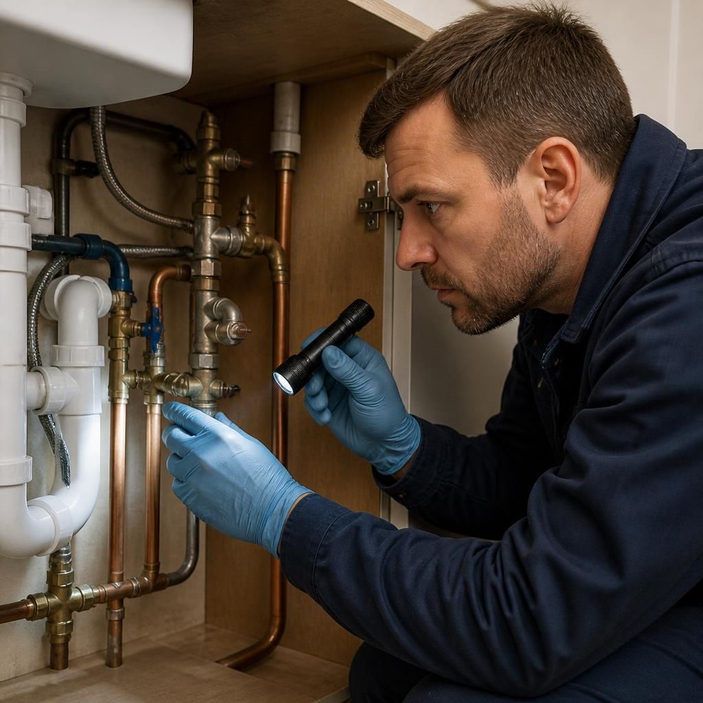 Plumber inspecting pipework and valves during an emergency repair