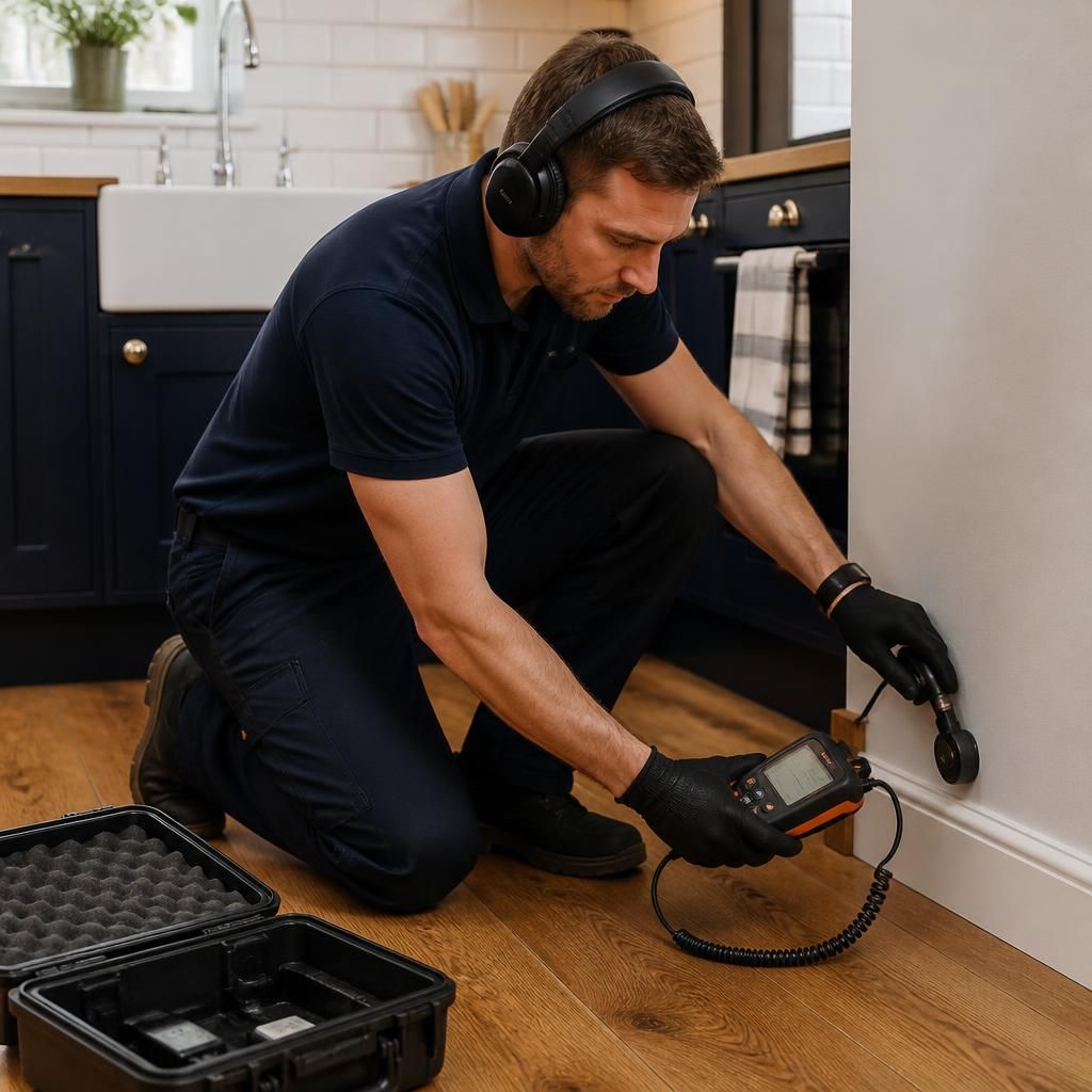 Plumber using leak detection equipment inside a residential property