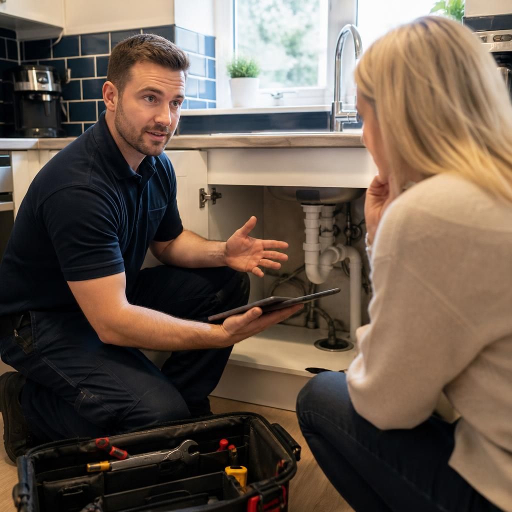 Plumber explaining emergency plumbing repair options to a customer
