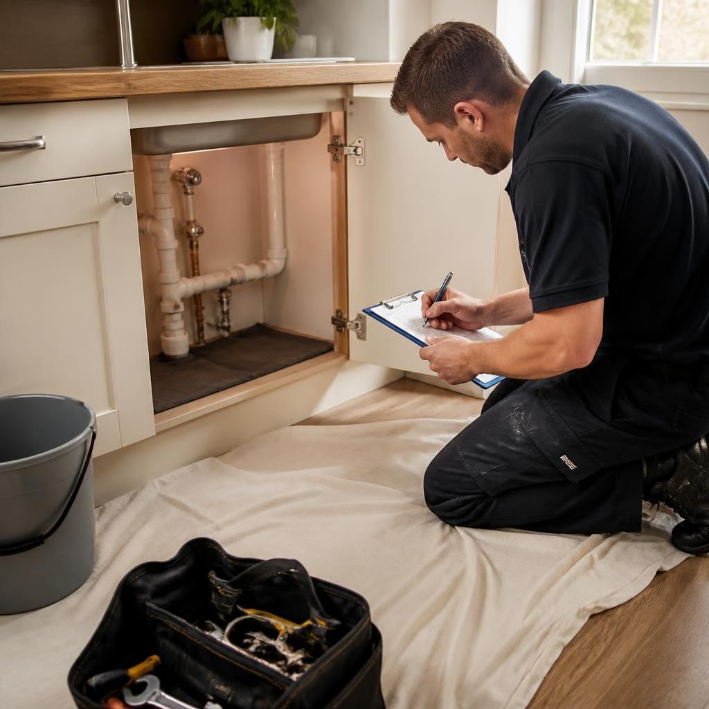 Protected flooring and an orderly work area after emergency plumbing repairs