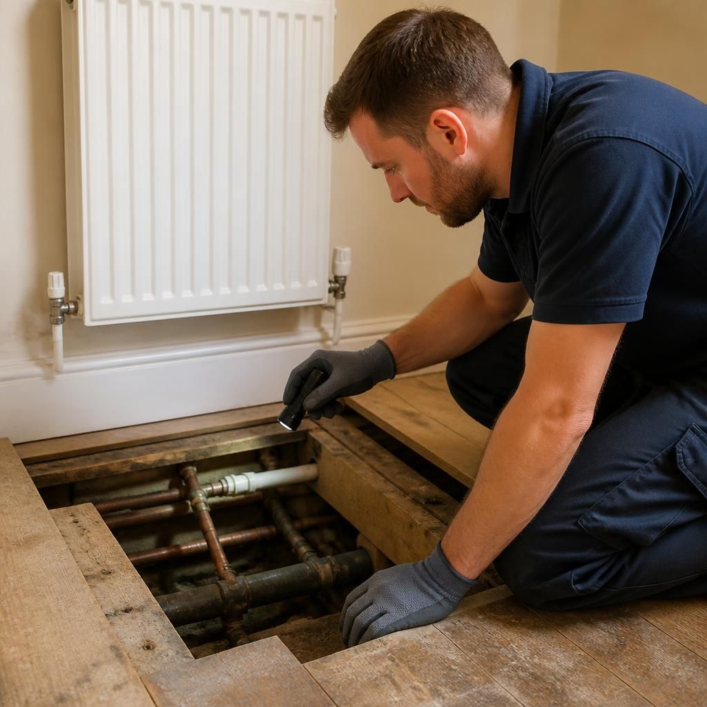 Plumber inspecting pipework beneath a rented property