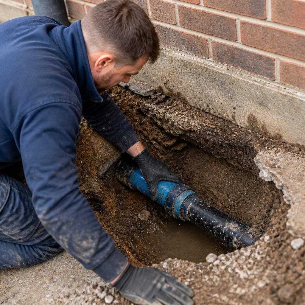 Plumber inspecting an exposed burst water main pipe beside a residential property