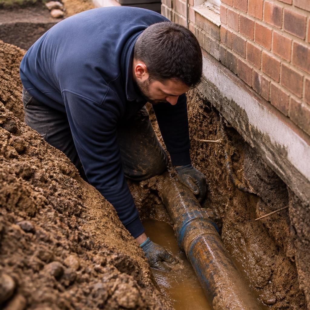 Plumber inspecting an exposed underground water supply pipe beside a property