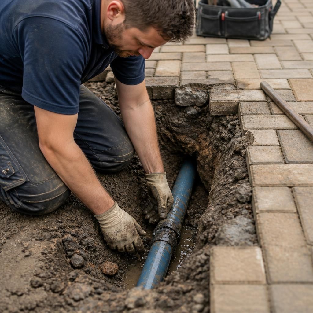 Plumber exposing a damaged underground water pipe beside a paved driveway