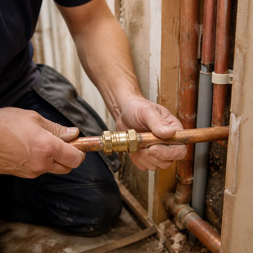 Plumber fitting a repair coupling to a cut section of copper pipe