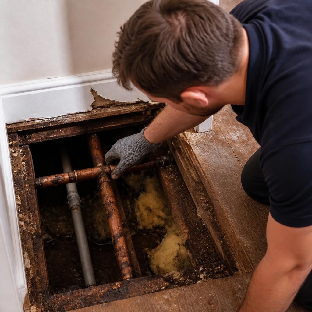 Plumber examining a damaged water pipe beneath a floorboard