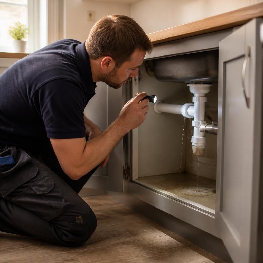 Plumber inspecting a burst pipe beneath a kitchen sink in a rented home