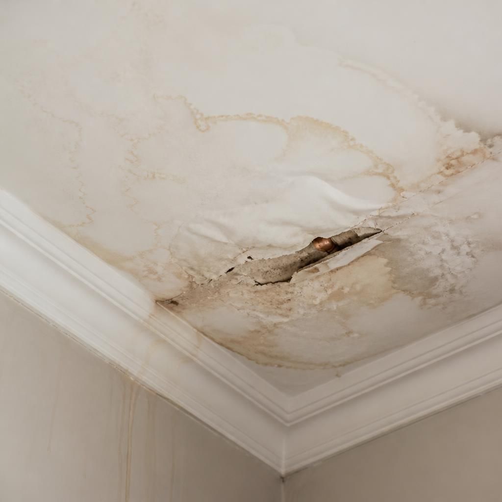 Water staining and sagging plaster on a ceiling beneath a burst pipe