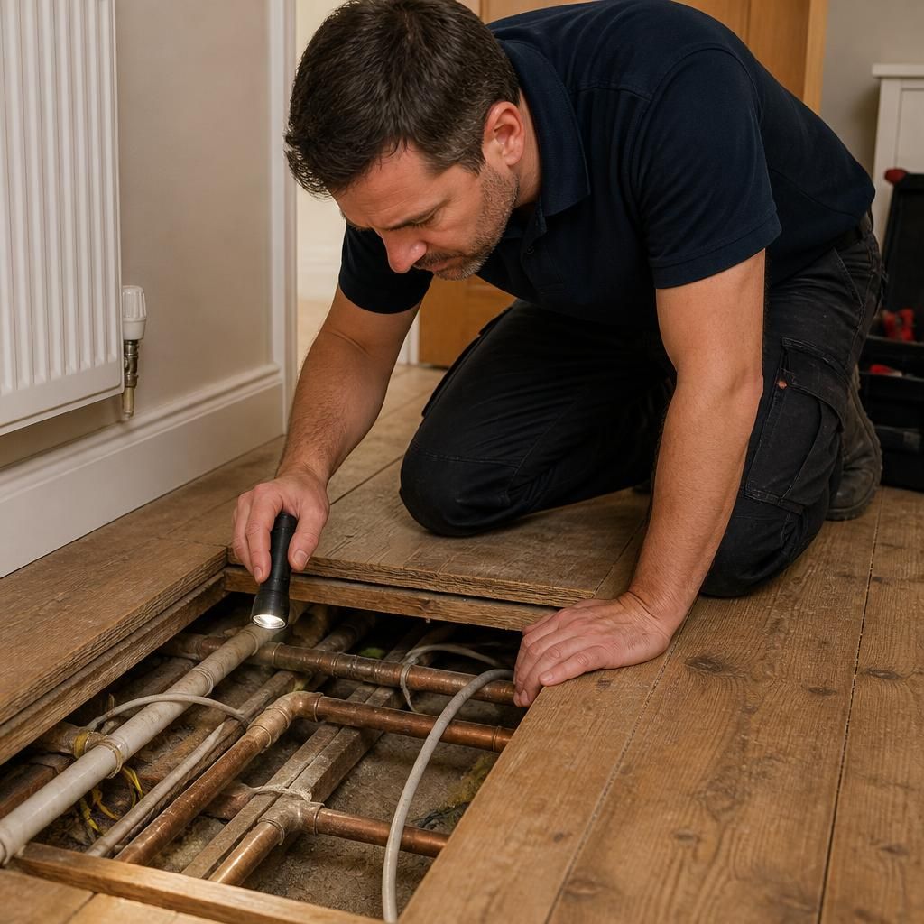 Plumber inspecting exposed pipework beneath a lifted floorboard