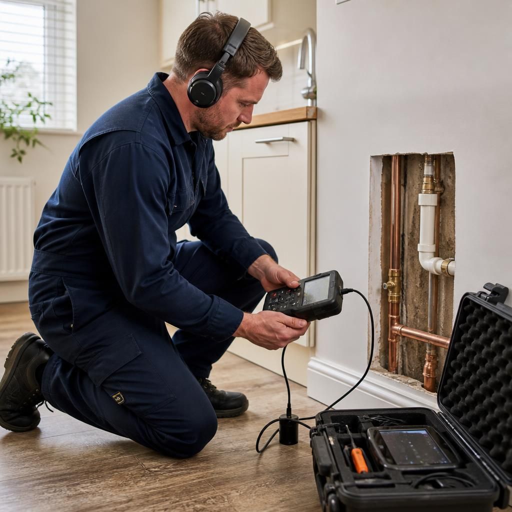 Plumber using leak detection equipment to trace a hidden water pipe leak
