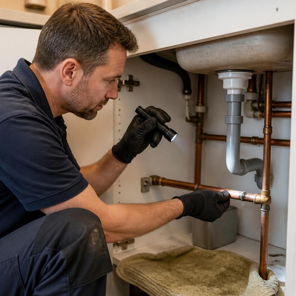 Plumber examining a burst pipe beneath a kitchen sink
